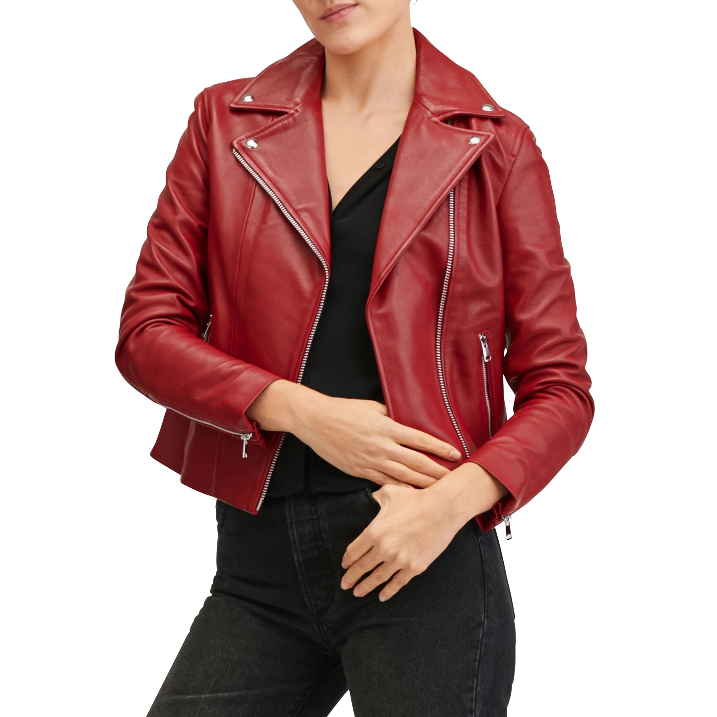 Burgundy Motorcycle Leather Jacket w/ Notch Collar - Giana