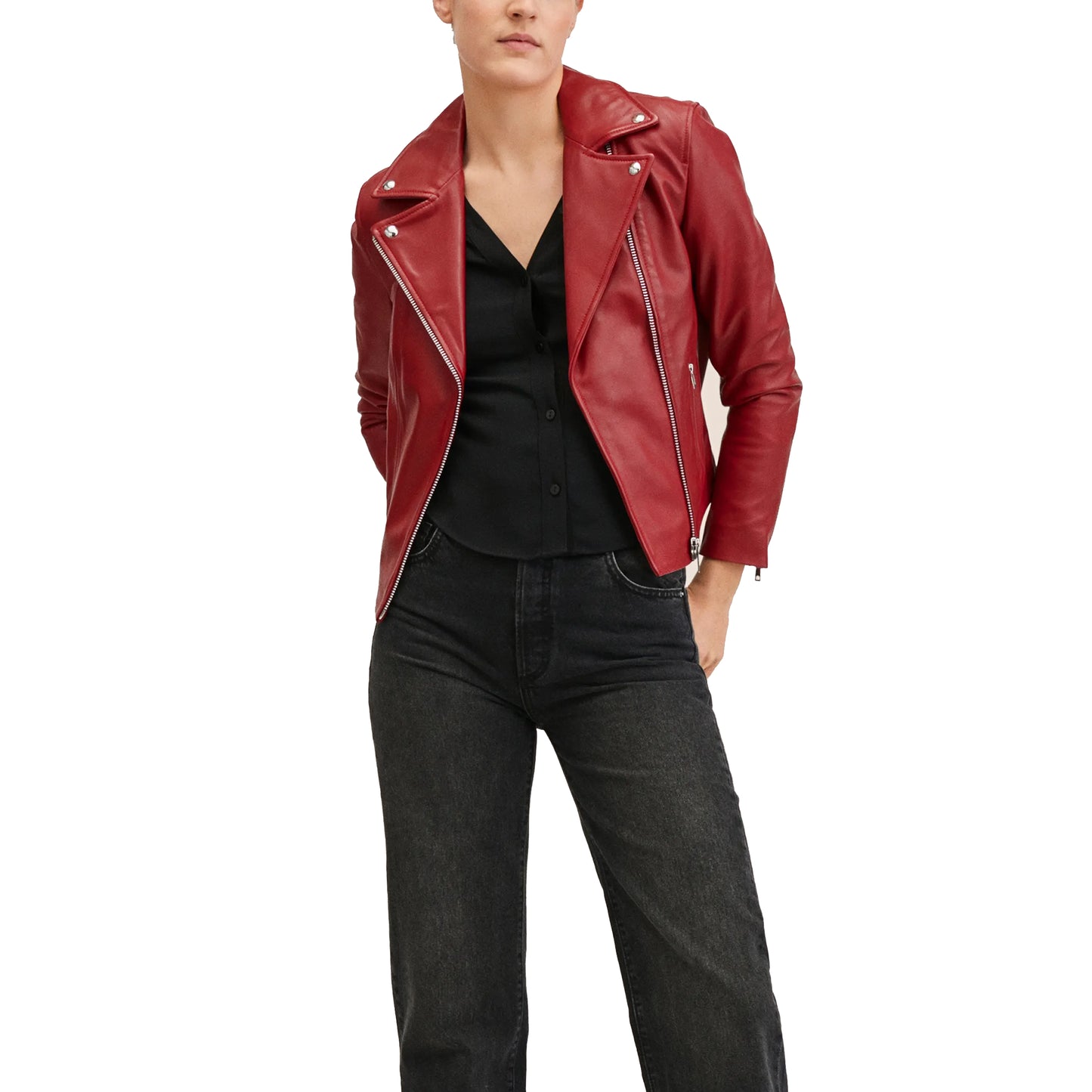 Burgundy Motorcycle Leather Jacket w/ Notch Collar - Giana