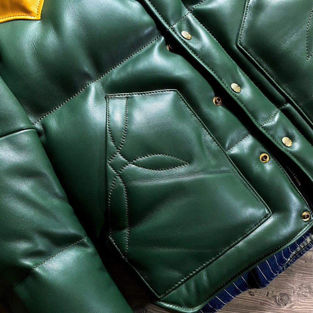 Women's Green Puffer Leather Jacket - Brando