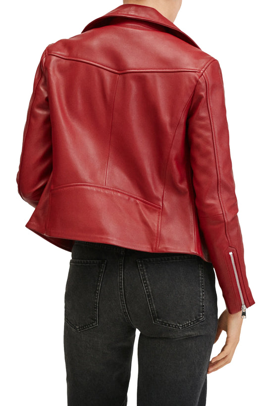 Burgundy Motorcycle Leather Jacket w/ Notch Collar - Giana