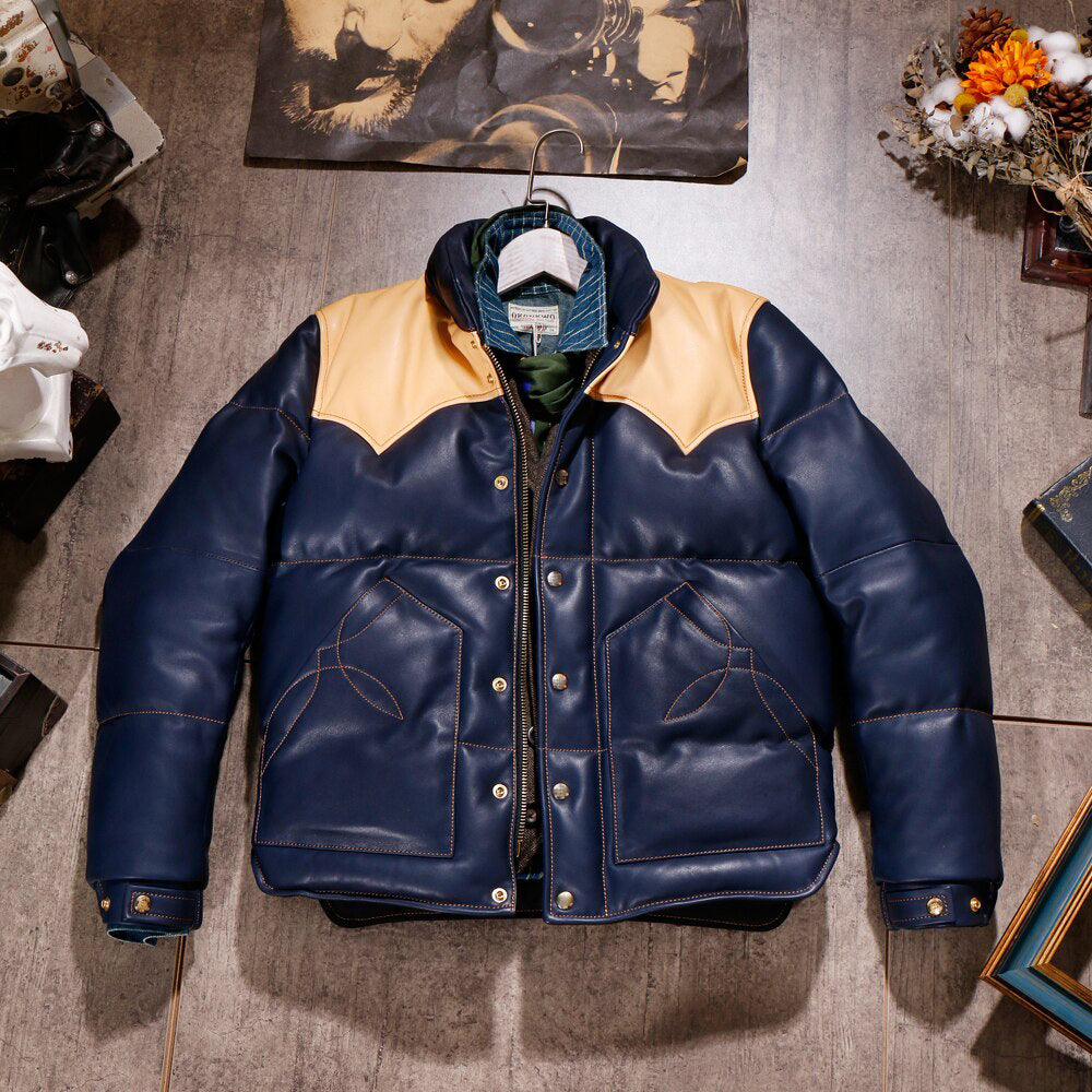 Blue Designer Puffer Leather Jacket - Brando