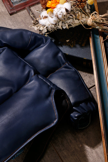 Blue Designer Puffer Leather Jacket - Brando