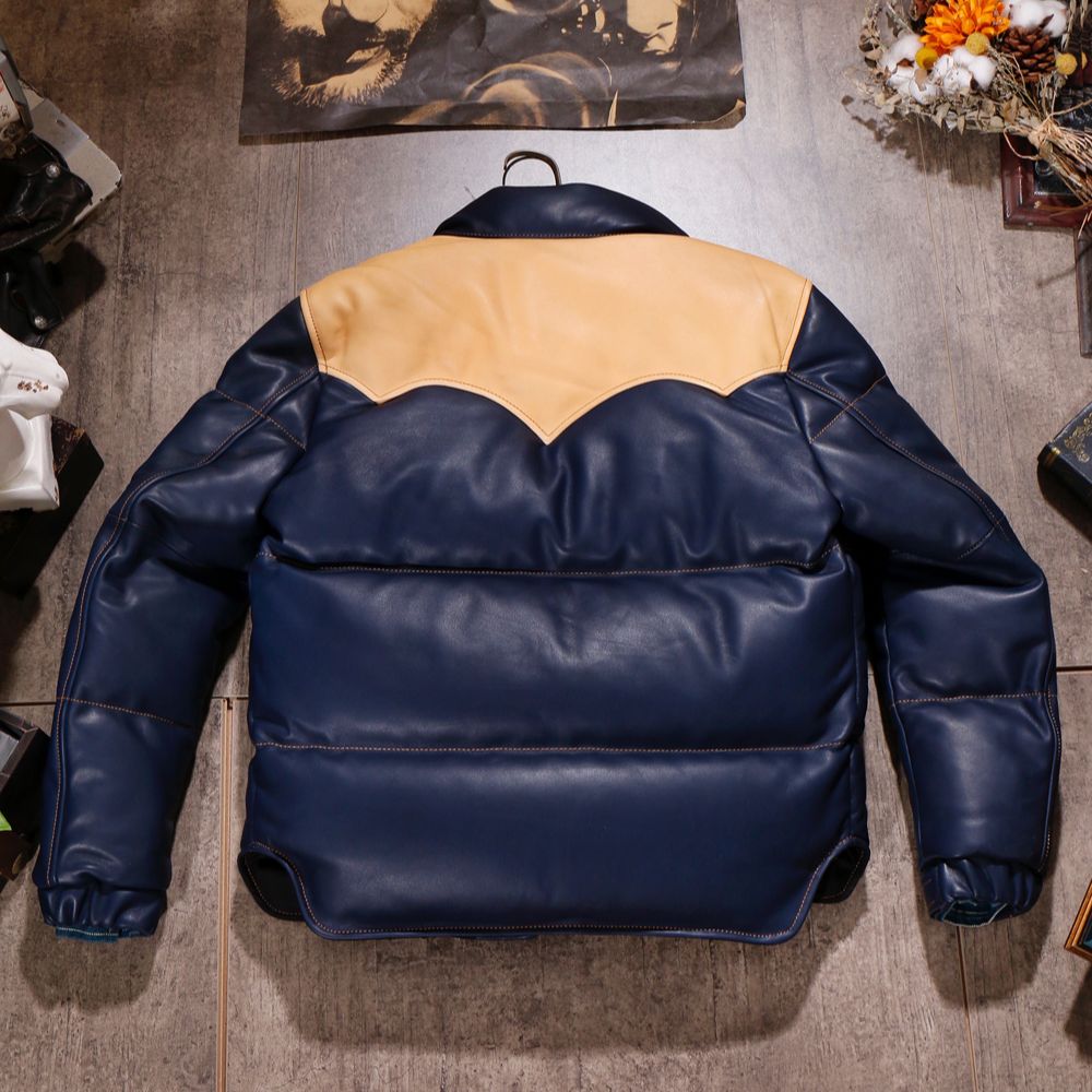 Blue Designer Puffer Leather Jacket - Brando