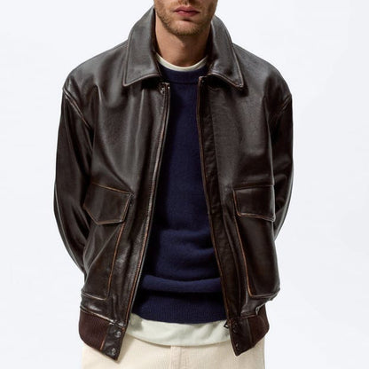 Dark Brown Leather Bomber Jacket - Heritage
