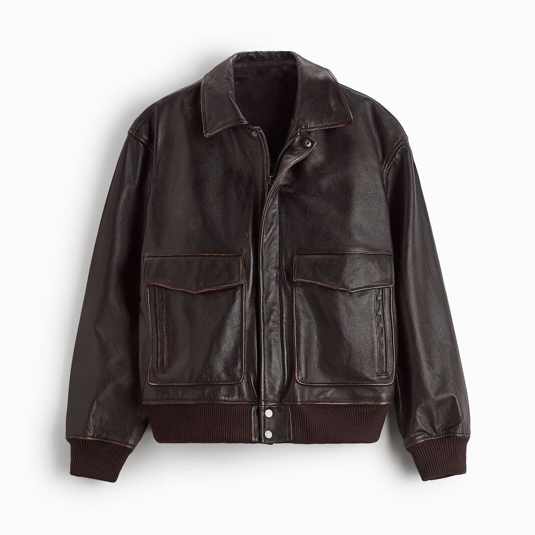 Dark Brown Leather Bomber Jacket - Heritage