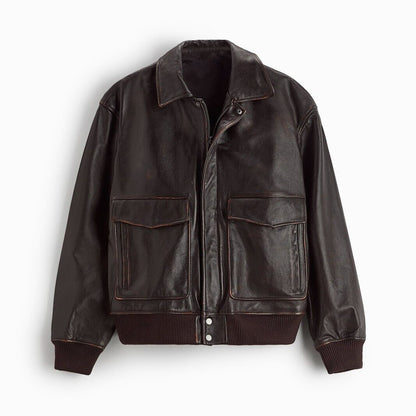 Dark Brown Leather Bomber Jacket - Heritage
