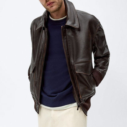 Dark Brown Leather Bomber Jacket - Heritage