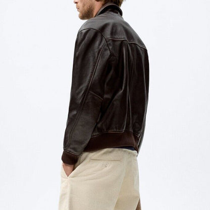 Dark Brown Leather Bomber Jacket - Heritage