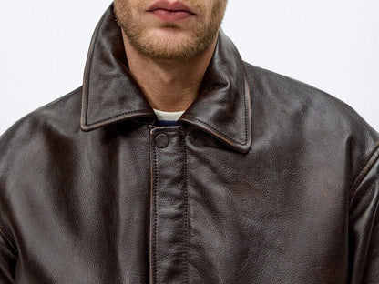 Dark Brown Leather Bomber Jacket - Heritage