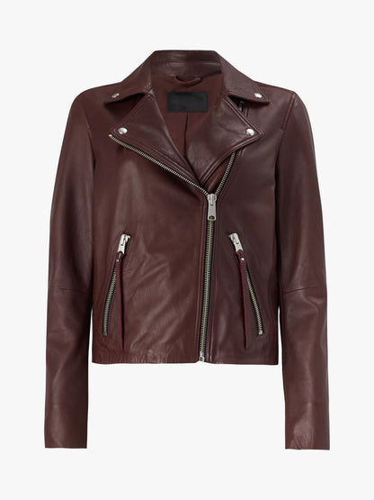 Brown Supple Leather Biker Jacket w/ Notch Collar - Ilaria