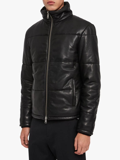 Black Puffer Leather Jacket for Men - Amine