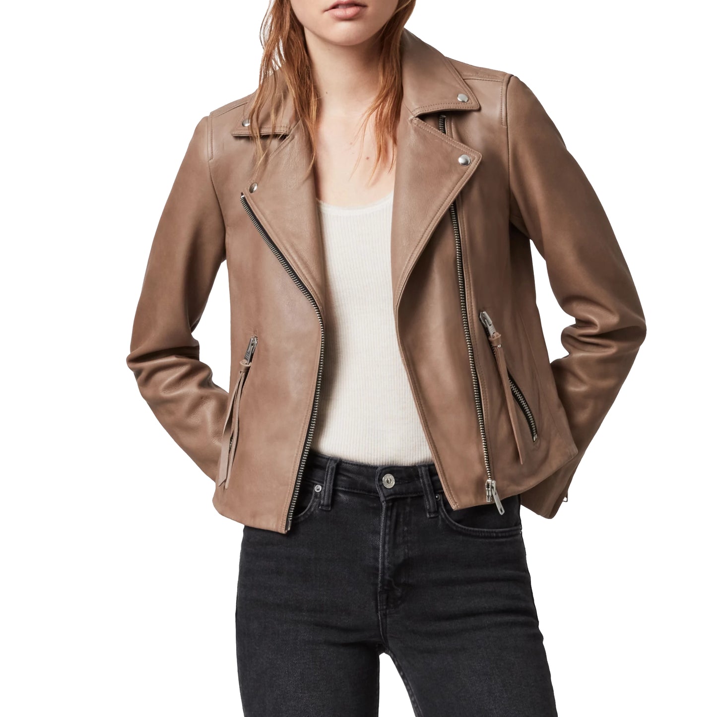 Light Tan Leather Biker Jacket w/ Notch Collar - Aurora