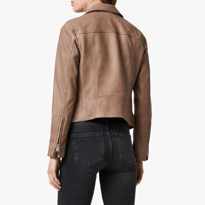 Light Tan Leather Biker Jacket w/ Notch Collar - Aurora