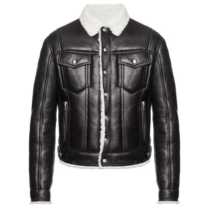 Black Luxurious Designer Leather Jacket w/ Shearling Collar - Maceo