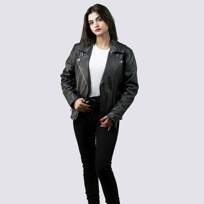 Black Leather Biker Jacket w/ Notch Collar - Aida