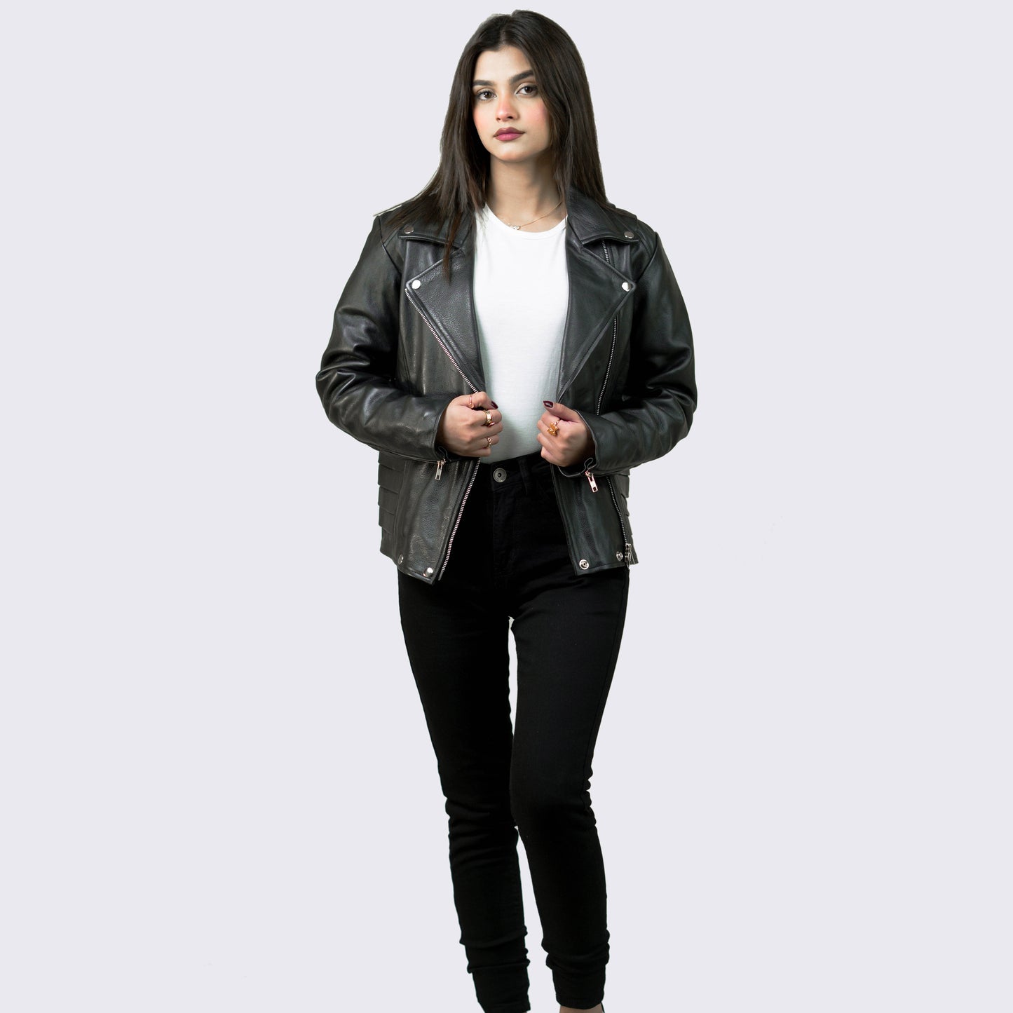 Black Leather Biker Jacket w/ Notch Collar - Aida