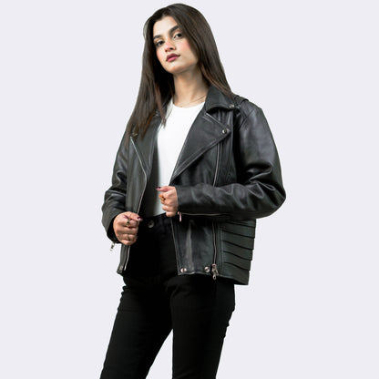 Black Leather Biker Jacket w/ Notch Collar - Aida