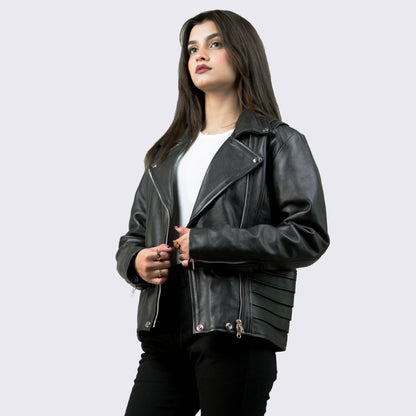 Black Leather Biker Jacket w/ Notch Collar - Aida