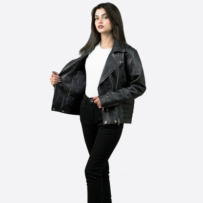 Black Leather Biker Jacket w/ Notch Collar - Aida