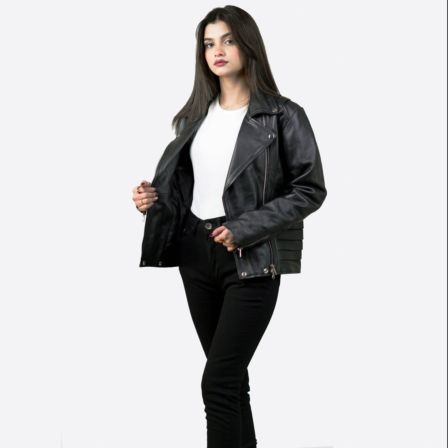 Black Leather Biker Jacket w/ Notch Collar - Aida