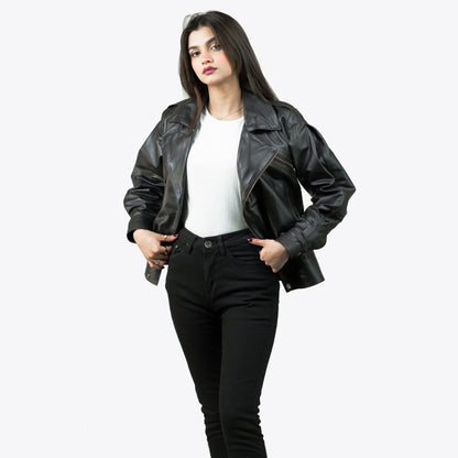 Black Biker Leather Jacket w/ Notch Collar - Lèa