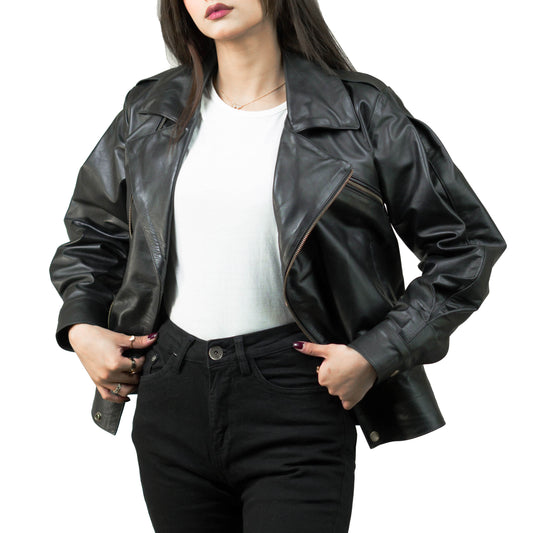 Black Biker Leather Jacket w/ Notch Collar - Lèa