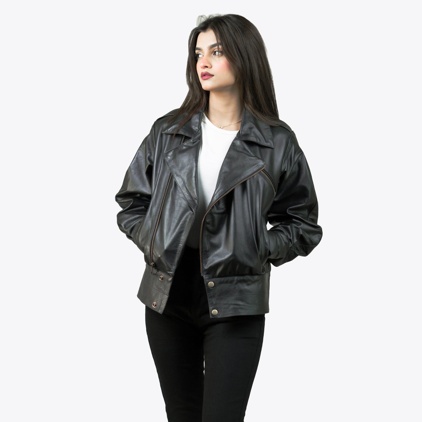 Black Biker Leather Jacket w/ Notch Collar - Lèa