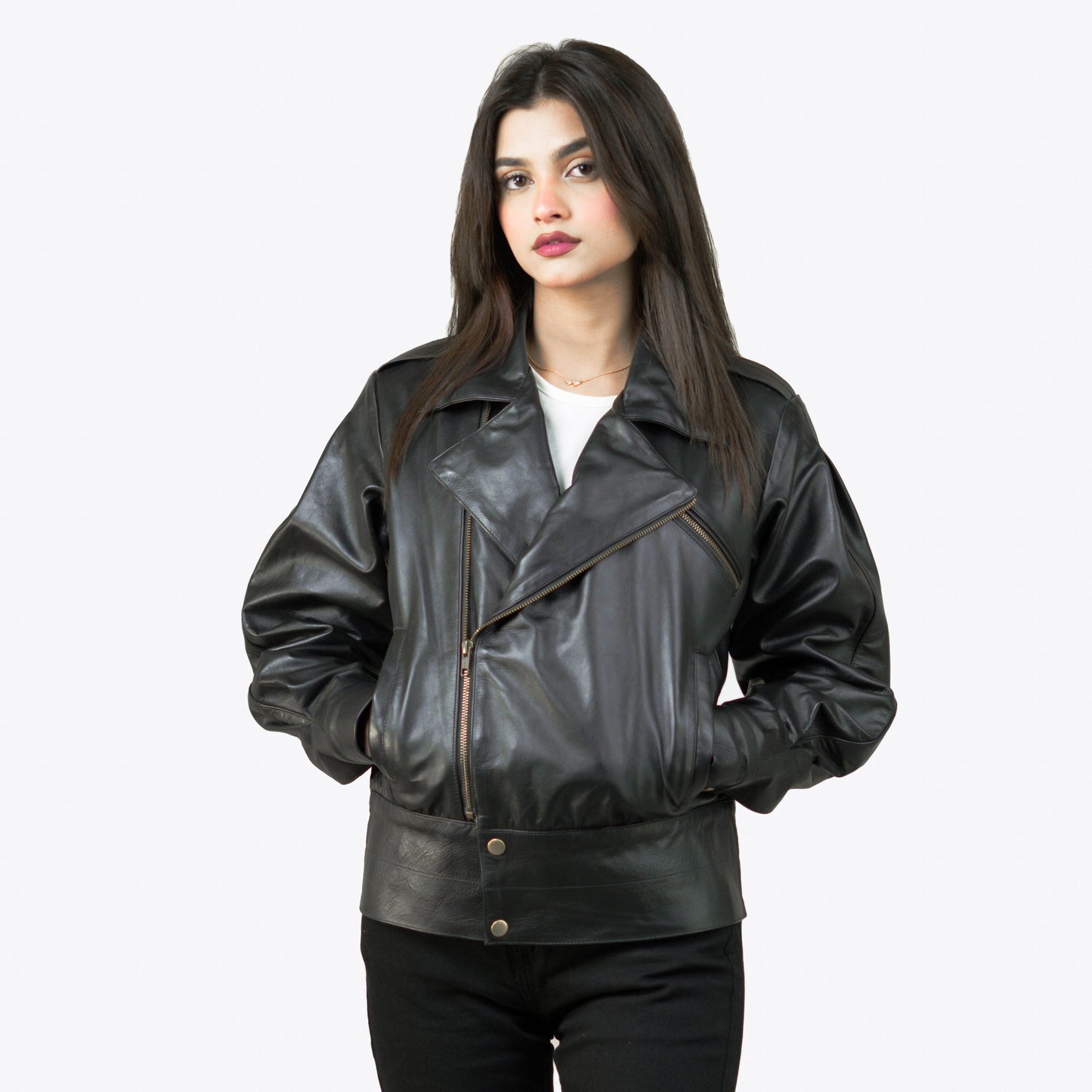 Black Biker Leather Jacket w/ Notch Collar - Lèa