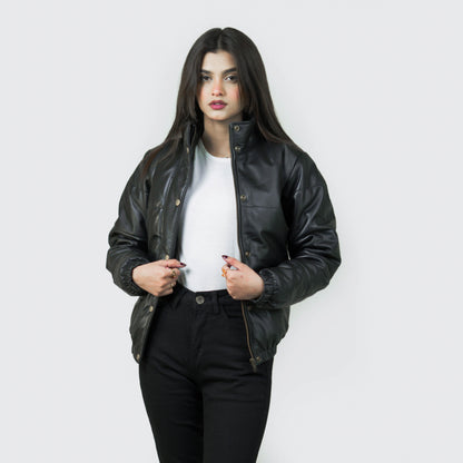 Luxurious Puffer Leather Jacket w/ Stand Collar - Renée