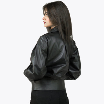 Black Biker Leather Jacket w/ Notch Collar - Lèa