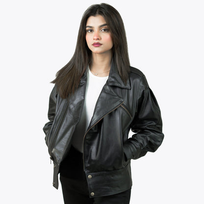 Black Biker Leather Jacket w/ Notch Collar - Lèa