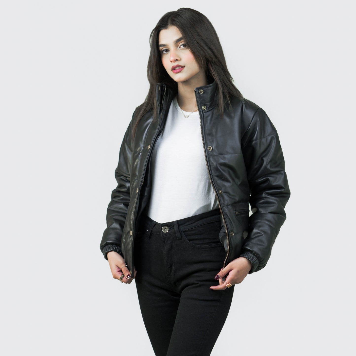 Luxurious Puffer Leather Jacket w/ Stand Collar - Renée