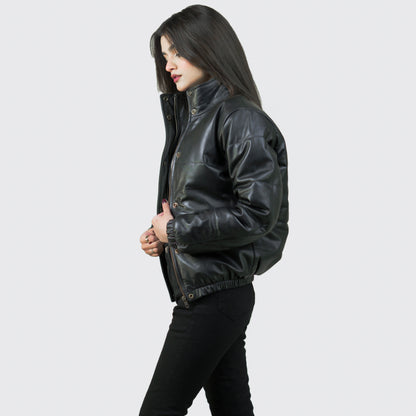 Luxurious Puffer Leather Jacket w/ Stand Collar - Renée