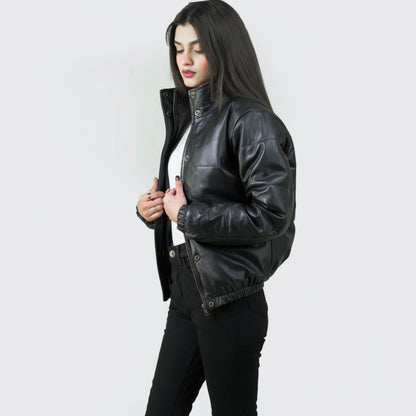 Luxurious Puffer Leather Jacket w/ Stand Collar - Renée