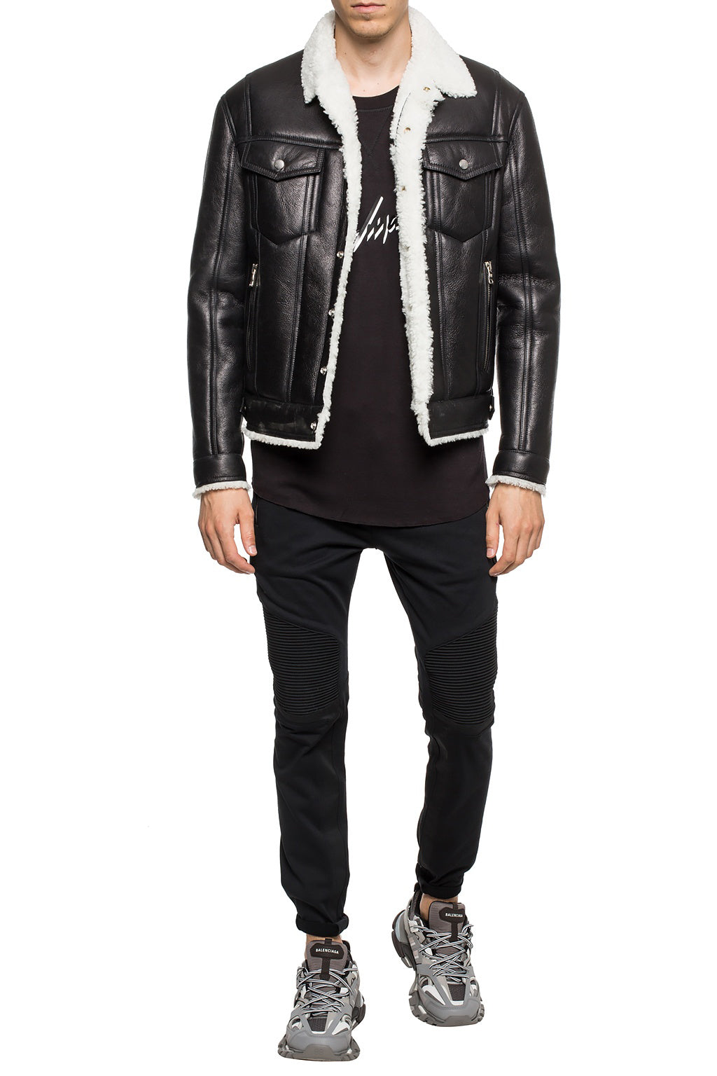 Black Luxurious Designer Leather Jacket w/ Shearling Collar - Maceo