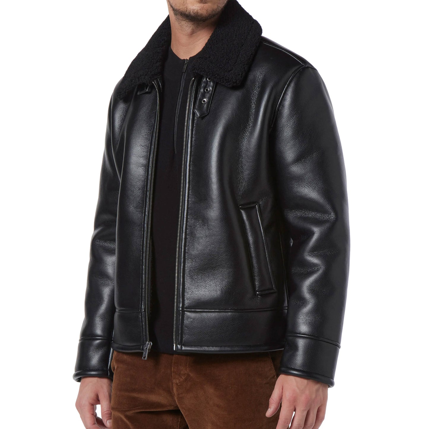 Black Leather Pilot Jacket w/ Shearling lining - Theo