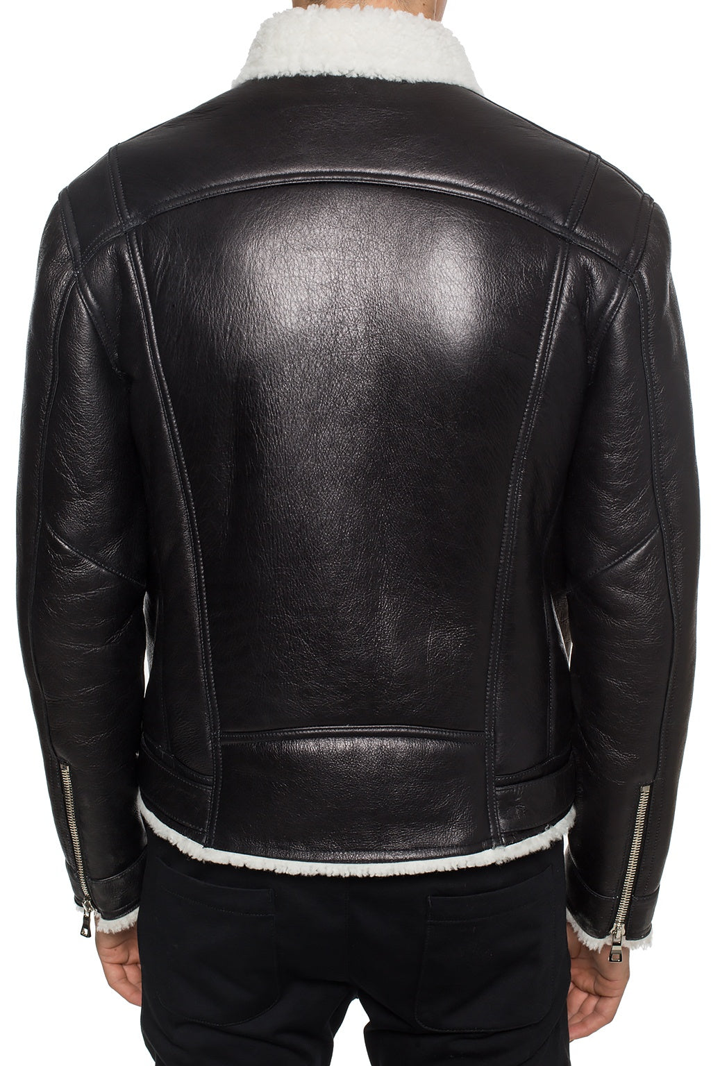 Black Luxurious Designer Leather Jacket w/ Shearling Collar - Maceo