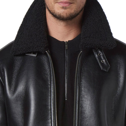 Black Leather Pilot Jacket w/ Shearling lining - Theo