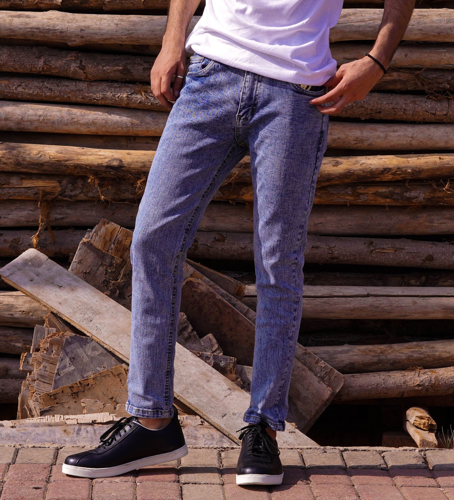 Slim Fit Mid Blue Crosshatch Denim for Men - Steve