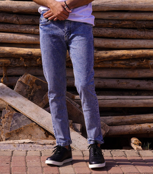 Slim Fit Mid Blue Crosshatch Denim for Men - Steve