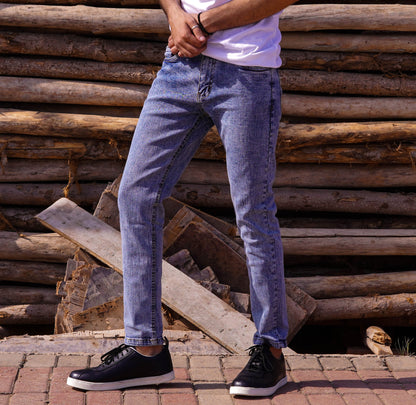 Slim Fit Mid Blue Crosshatch Denim for Men - Steve