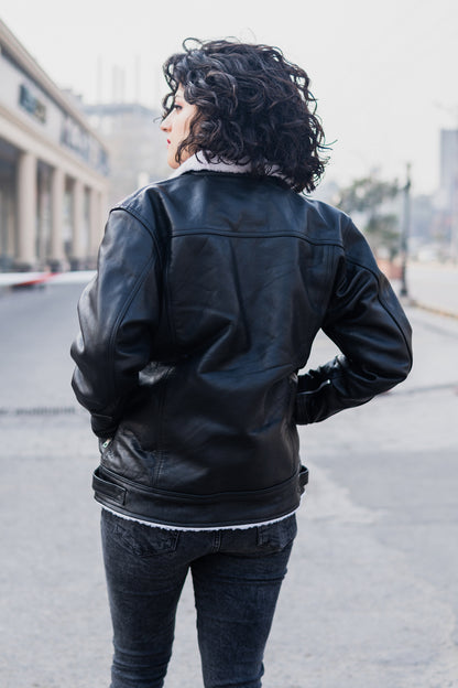 Black Luxurious Leather Jacket w/ Shearling Collar - Iden