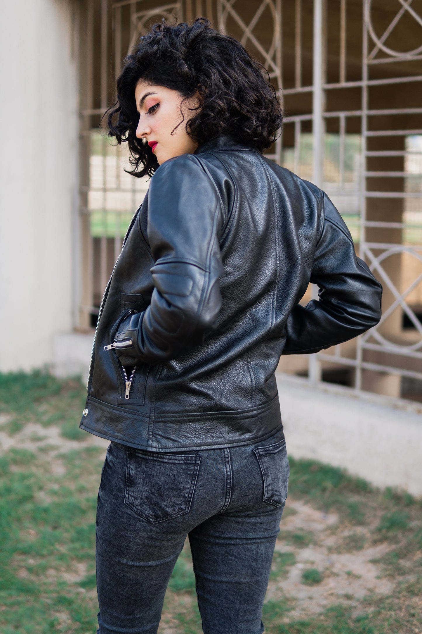 Black Leather Café Racer Jacket w/ Snap Tab Collar - Igor