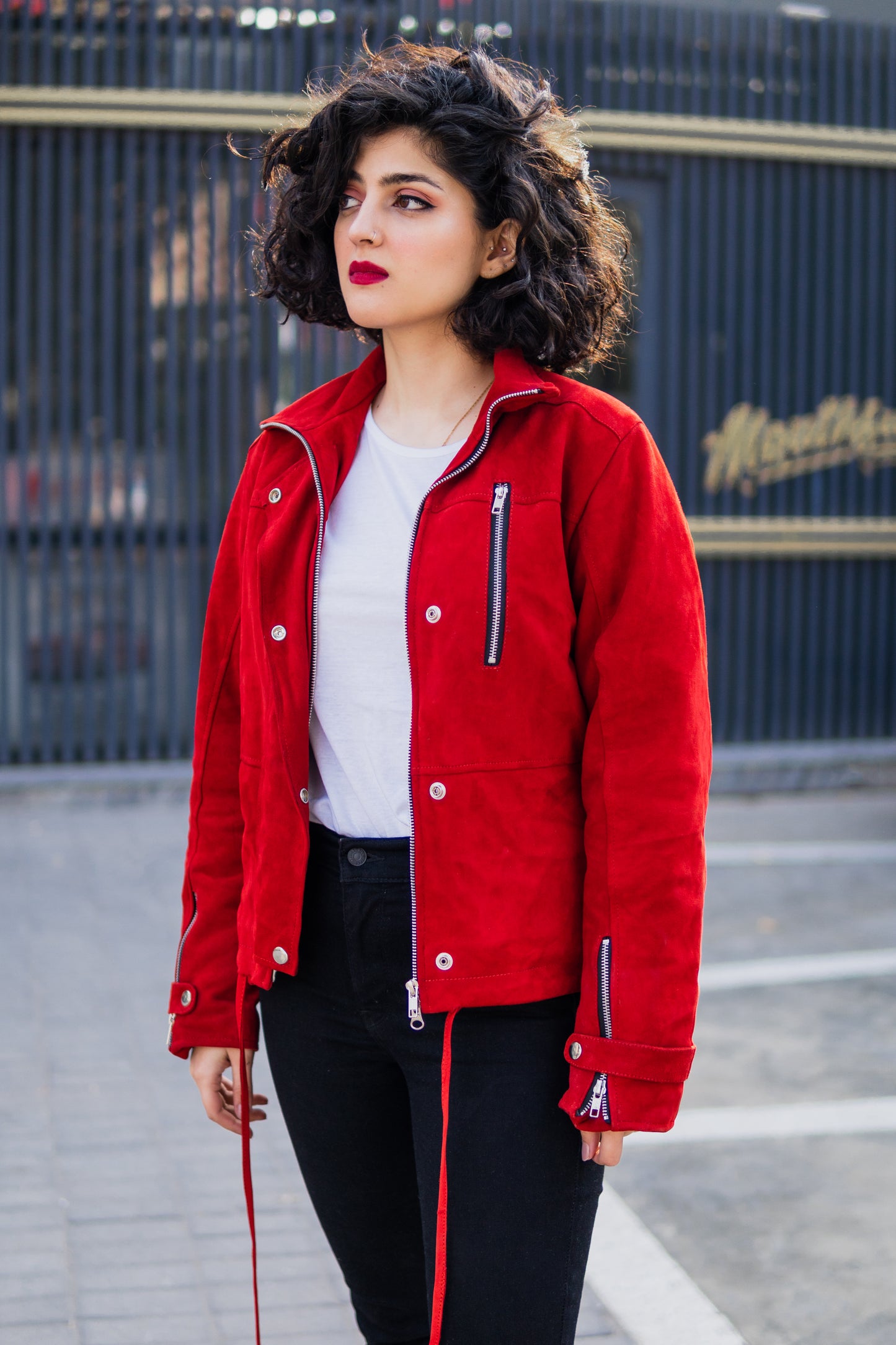 Red Suede Bomber Jacket w/ Funnel Neck - Ila