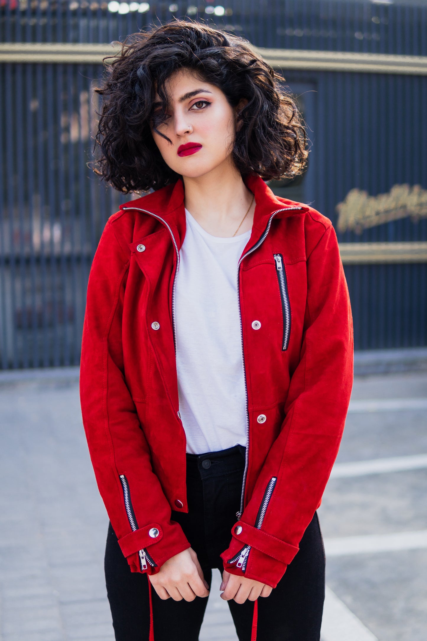 Red Suede Bomber Jacket w/ Funnel Neck - Ila