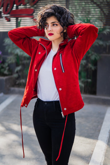 Red Suede Bomber Jacket w/ Funnel Neck - Ila