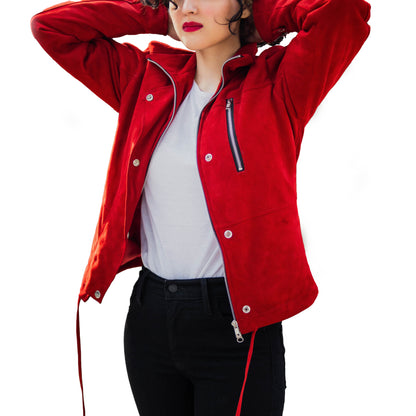 Red Suede Bomber Jacket w/ Funnel Neck - Ila