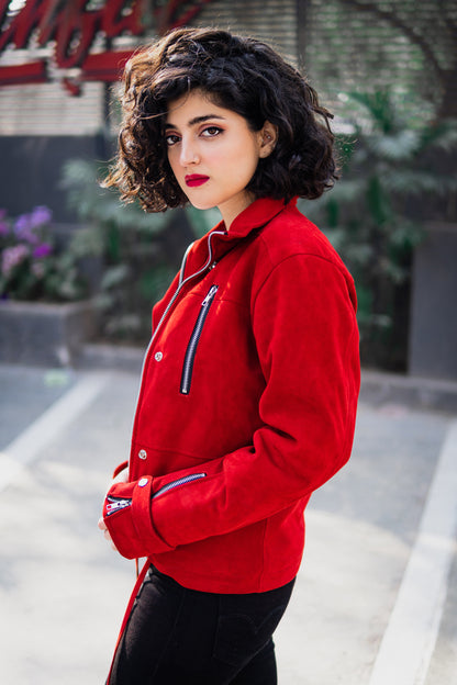 Red Suede Bomber Jacket w/ Funnel Neck - Ila