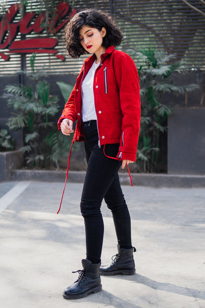 Red Suede Bomber Jacket w/ Funnel Neck - Ila