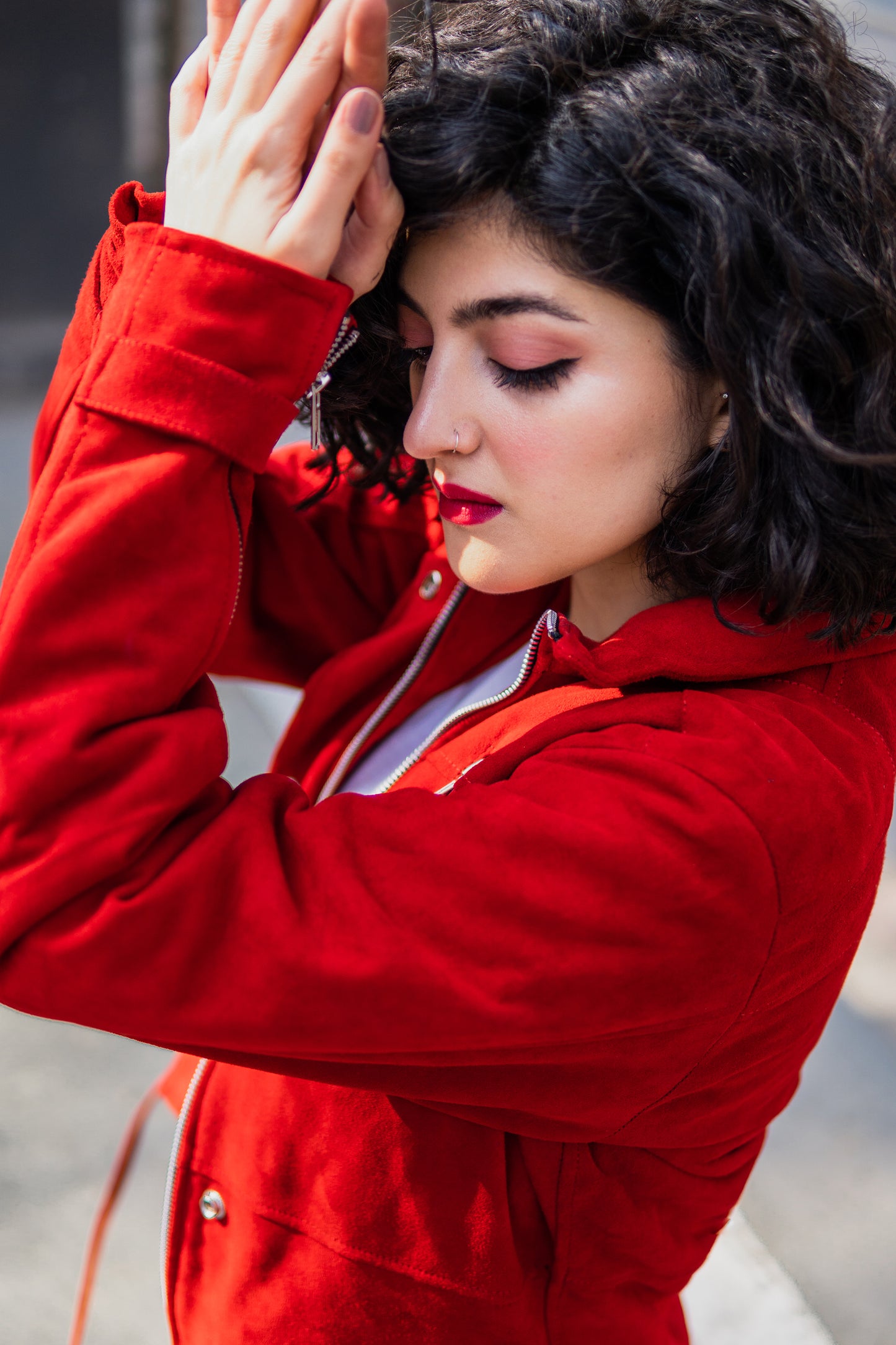 Red Suede Bomber Jacket w/ Funnel Neck - Ila